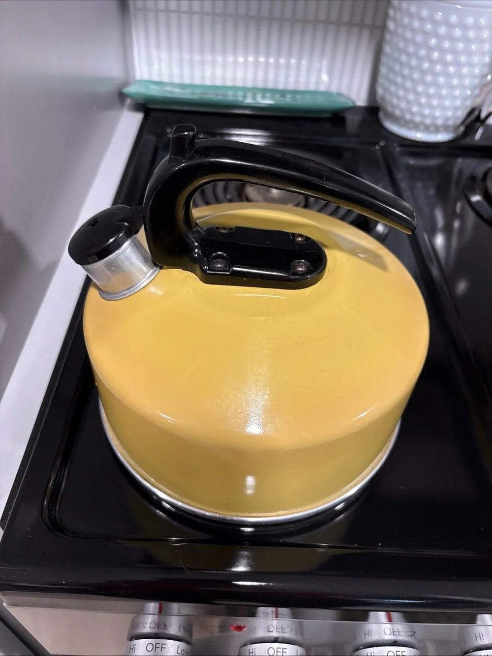 Vintage /Retro Mustard Color Whistling Tea Kettle with Black Handle